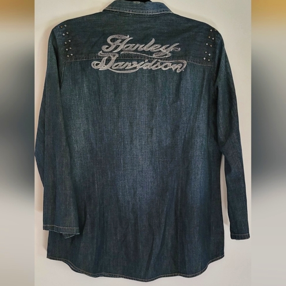 Harley Davidson Logo Embroidered Studded Denim Shirt Pearl Snap Roll Tab Sleeve - Picture 5 of 12
